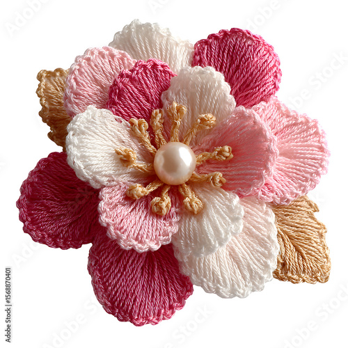 Crochet flower hair clip with pink petals and pearl center, romantic accessory, soft pastel yarn, isolated transparent background styled for baby shower