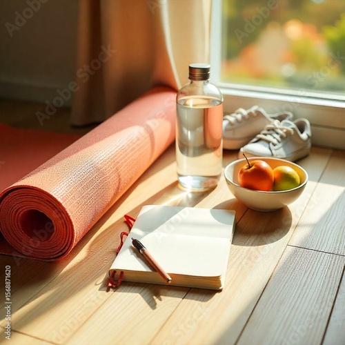 A flat lay composition of a morning routine setup: a yoga mat rolled up in the corner, a glass water bottle, a journal, a pair of sneakers, and a bowl of fresh fruit. The items are arranged on a light