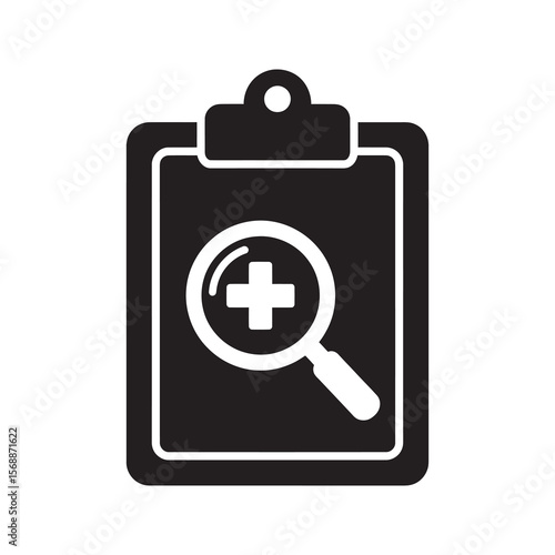 Medical search glyph icon on a clipboard with a health cross and magnifying glass for healthcare research and finding clinical information vector solid