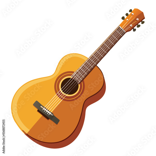 A classic acoustic guitar resting upright, a symbol of music, a musical instrument, and a hobby.