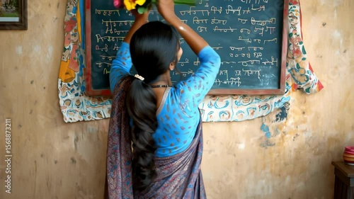 Woman smiles, holds flowers at classroom; writing visible