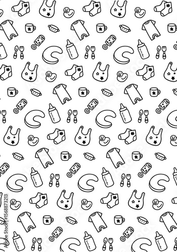 かわいい手描きのベビー用品モノクロ背景パターン