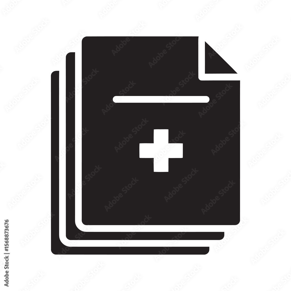 Fototapeta premium Medical documents solid icon with a stack of files and plus sign for patient records healthcare information and clinical data archive vector glyph