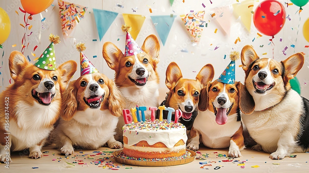 Group of Corgis celebrating birthday with cake and party hats
Group of Corgis celebrating birthday with cake and party hats