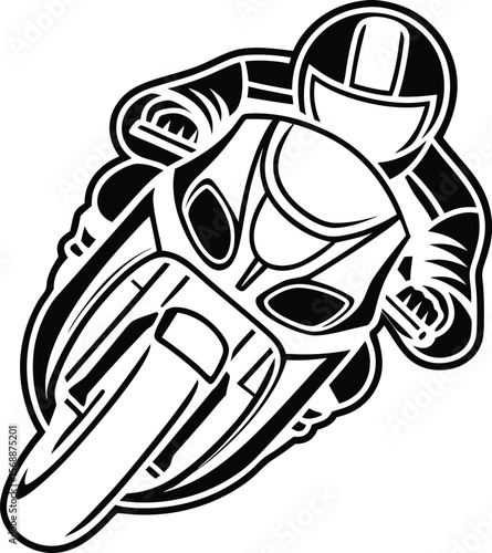 Stylized black and white illustration of a motorcycle racer in full gear leaning into a turn depicted with bold lines and dynamic shapes isolated on transparent background