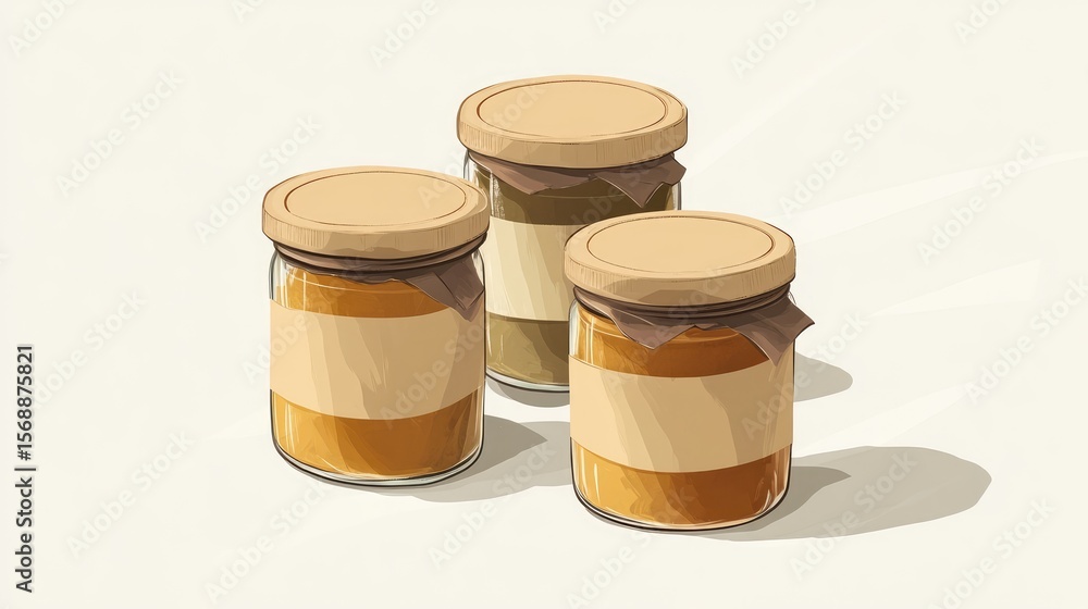 Three jars of jam are sitting on a table Three jars of jam are sitting on a table