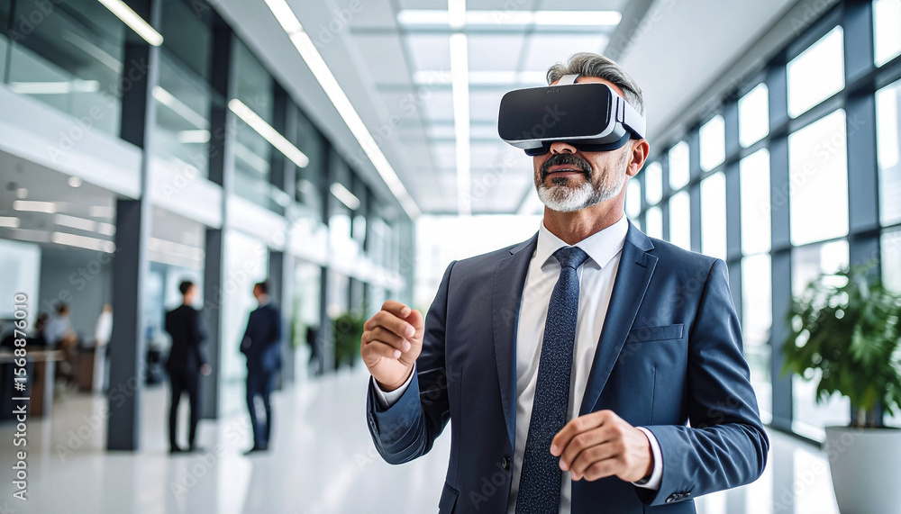 Fototapeta premium Middle-aged businessman using VR headset in clean, modern office — future of work theme
