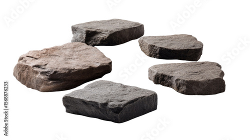 Stepping Stones Arrangement: Five irregularly shaped stepping stones, exhibiting a mix of gray and brown hues, are artfully arranged in a circular pattern, suggesting a pathway or garden feature.