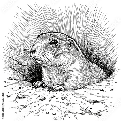 A prairie dog peeks out from its burrow with detailed fur and whiskers, surrounded by rocks and grass, illustrated in clean black-and-white line art.