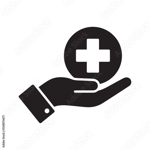 Healthcare support glyph icon with hands holding a heart and medical cross for health insurance and patient care charity and life protection vector solid