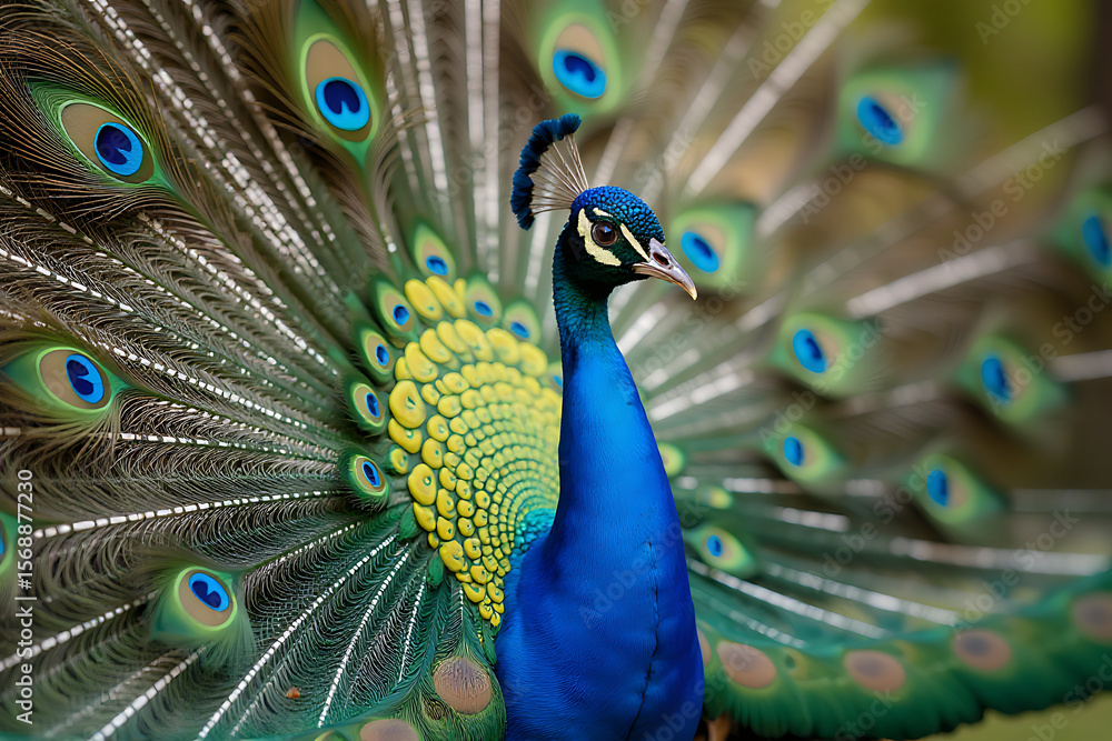 Fototapeta premium Peacock with Vibrant Blue Body and Multicolored Tail Feathers Fanned Out