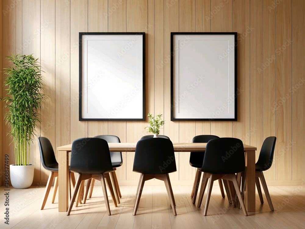 Fototapeta premium Two vertical frames mockup in a modern dining room with a wooden table and black chairs.