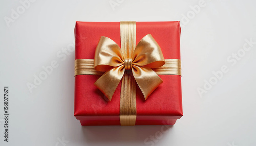 Red gift box with gold bow, top view, on clean white background.
IA generativa.
