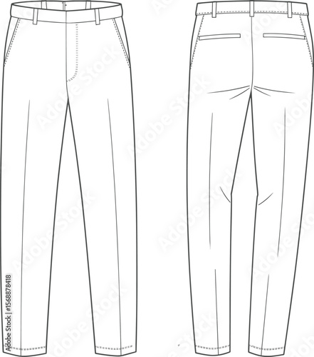 Formal Men’s Trousers Flat Sketch, Front and Back View, Technical Drawing for Fashion Design, Apparel Illustration, Vector Template flat vector illustration