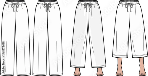 Women’s pajama pants flat sketch, front and back views, drawstring waist, casual lounge pants, fashion vector template illustration flat vector illustration