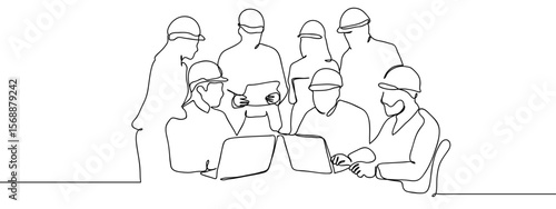 Continuous line, group of engineers are having a planning meeting Hand drawn art lines vector on transparent background, editable strokes.