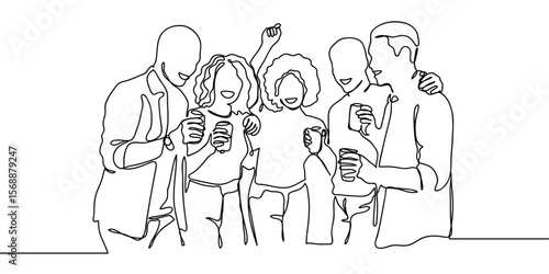 Continuous line. Group of people celebrating at a party. Holding glasses of drinks. Hand drawn art lines vector on transparent background, editable strokes.