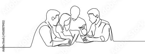 Continuous line group of people having business meeting at conference table using laptops Hand drawn art lines vector on transparent background, editable strokes.