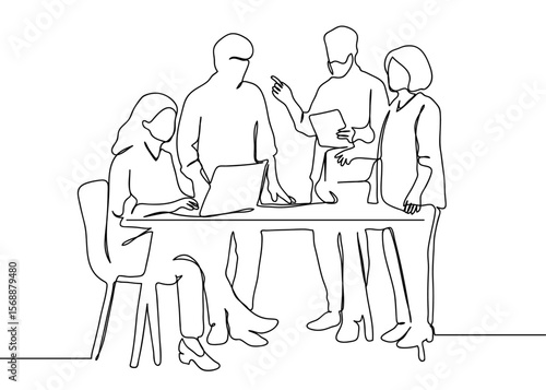 Continuous line group of people having business meeting at conference table using laptops Hand drawn art lines vector on transparent background, editable strokes.