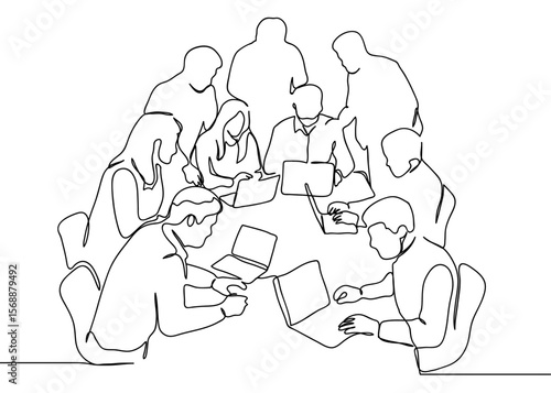 Continuous line group of people having business meeting at conference table using laptops Hand drawn art lines vector on transparent background, editable strokes.