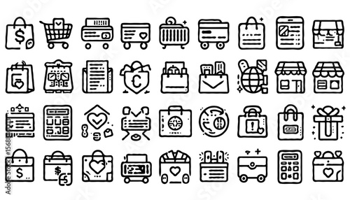 minimalist e-commerce and shopping line icons, drawn in clean thin black outlines with consistent stroke width on a light background