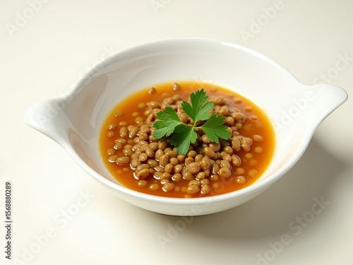 A steaming hot bowl of lentil soup garnished