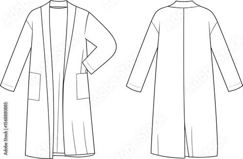 Flat sketch front and back women’s open front long coat with patch pockets, minimal design, technical fashion illustration vector flat vector illustration