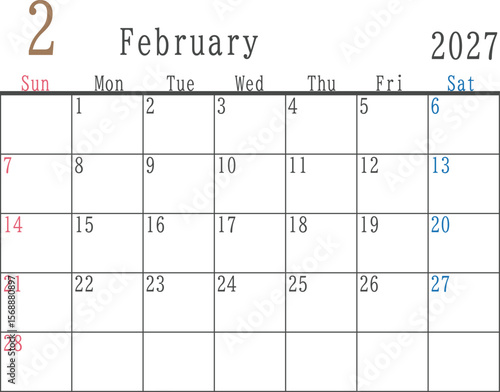 シンプルな日曜と土曜色付き2027年2月のマンスリーカレンダー素材