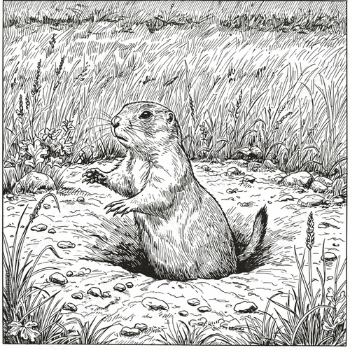 A prairie dog stands upright at the entrance of its burrow, surrounded by grass, plants, and rocks, drawn in detailed black-and-white line art.