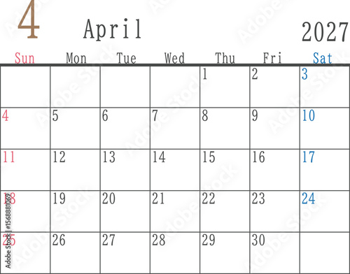 シンプルな日曜と土曜色付き2027年4月のマンスリーカレンダー素材