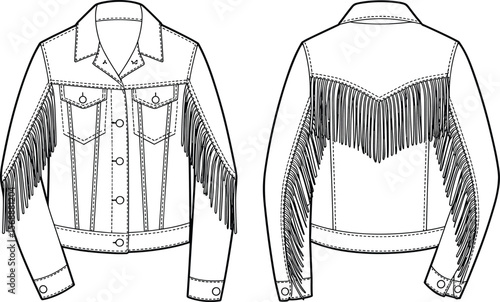 Wallpaper Mural Western fringe jacket flat sketch, front and back view, fashion illustration, vector template, detailed cowboy design, garment technical drawing flat vector illustration Torontodigital.ca