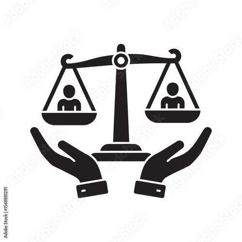 Justice balance glyph icon with hands holding scales with people avatars for legal equality human rights and social law comparison vector solid