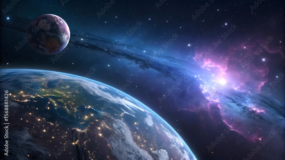 Obraz premium Vast cosmic vista with earth and a distant planet bathed in nebula light