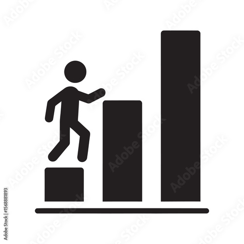 Career progress glyph icon showing a person climbing a bar chart for personal development growth goal achievement and business success vector solid