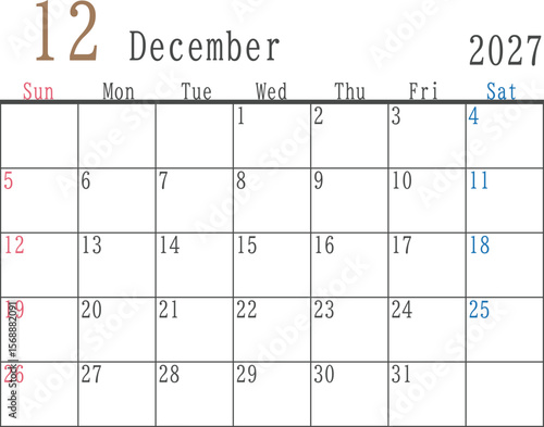 シンプルな日曜と土曜色付き2027年12月のマンスリーカレンダー素材