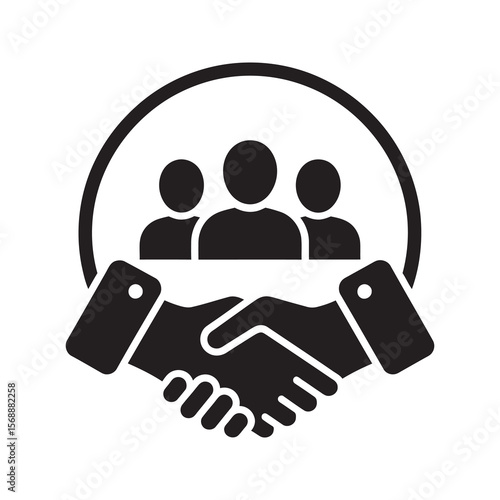 Team collaboration solid icon showing a handshake under a group of people for business partnership meeting deal and corporate agreement vector glyph