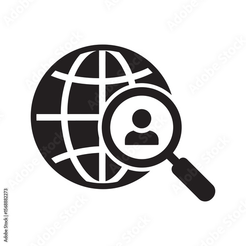 Global recruitment glyph icon with a world globe and magnifying glass on a person for international hiring human resource and talent search vector solid