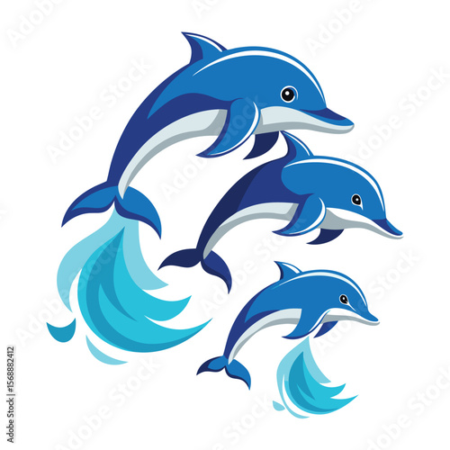 Three playful dolphins jumping through the air, a symbol of marine life, intelligence, and a happy animal.