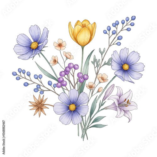 A scalable vector illustration of a delicate watercolor floral bouquet. Perfect for elegant, resizable wedding stationery and branding. Isolated with editable elements.
