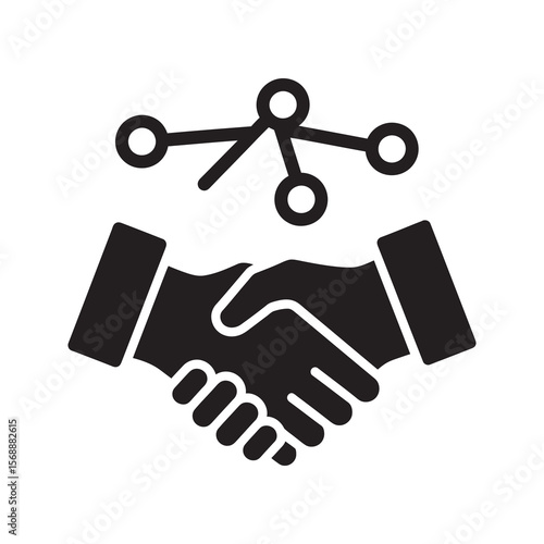 Network partnership glyph icon with a handshake and connection nodes for business collaboration communication and technology integration vector solid