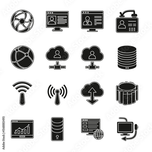 Global Network Connections Icons Representing Data, Cloud, and Web Technologies
