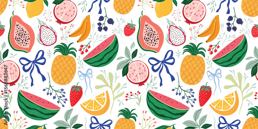 Fruits seamless pattern with pineapple, watermelon, lemons and bows, decorative summer wallpaper, aesthetic background Fruits seamless pattern with pineapple, watermelon, lemons and bows, decorative summer wallpaper, aesthetic background