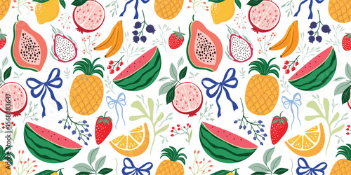 Fruits seamless pattern with pineapple, watermelon, lemons and bows, decorative summer wallpaper, aesthetic background