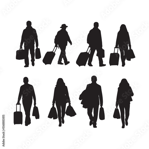 Silhouettes of people walking with luggage and shopping bags suitcases