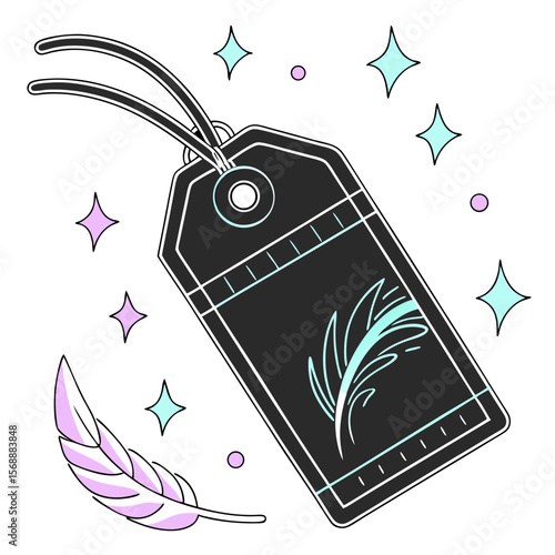 Decorative label tag with feather illustration and shiny accents  