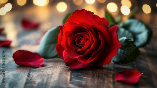 Red rose flower with green leaf and scattered petals on wooden surface featuring warm bokeh light creating romantic soft atmosphere and elegant mood perfect for floral decoration and love themes