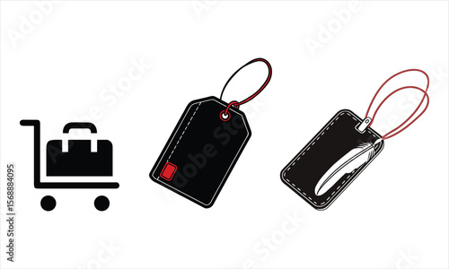 Elegant black luggage tag with a vibrant red string perfectly designed for travel and style in a flat illustration