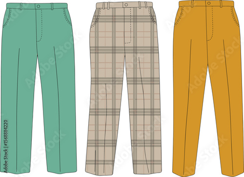Men's classic straight pants front view, three color variations including plaid pattern, vector flat fashion sketch for garment design flat vector illustration