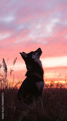 Dog standing proudly in field at sunset
