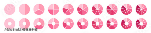 Set of pink circular chart icons in flat vector style. Includes pie charts, donuts, and segmented rings. Ideal for data visualization, UI dashboards, business reports, and marketing infographics.